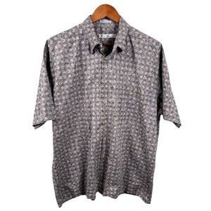 Burma Bibas Shirt Mens XL Gray Brown Geometric Pattern Short Sleeve 100% Cotton